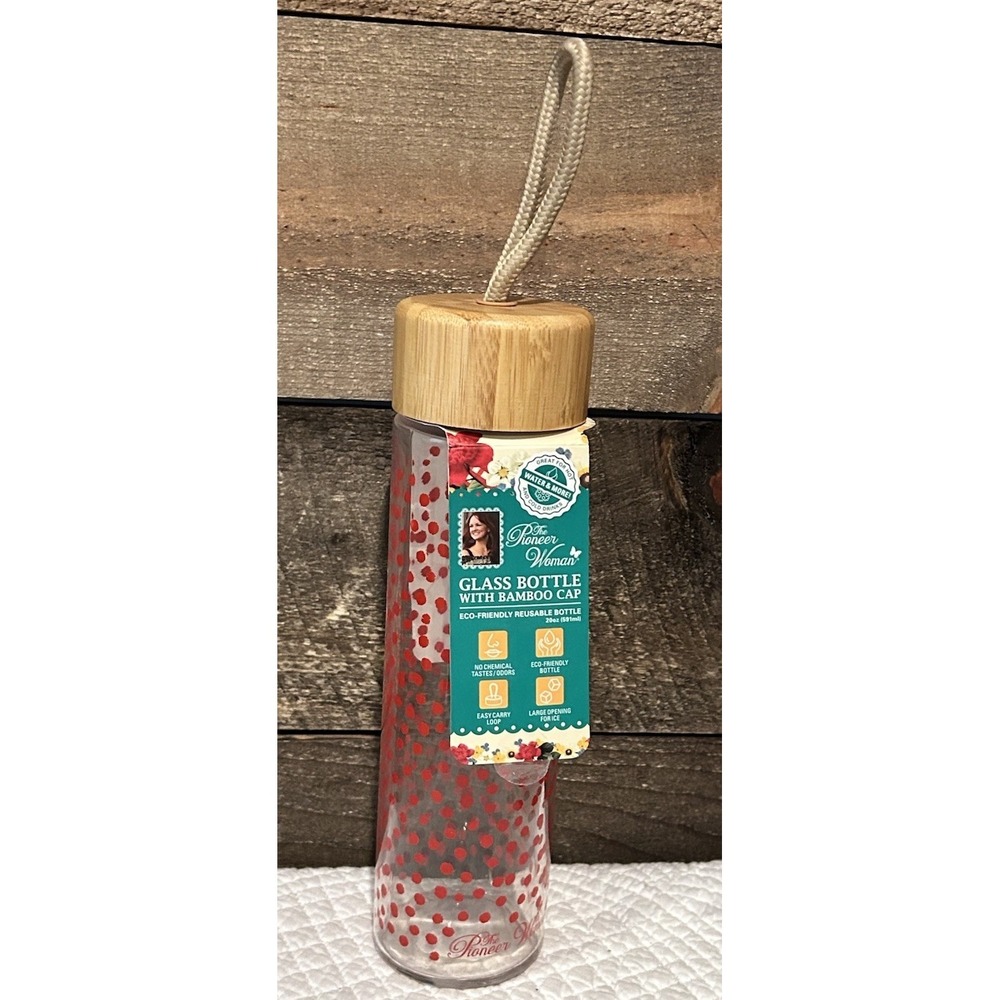 Pioneer Woman Glass Water Bottle with Red Polka Dots 20oz Bamboo Lid Rope Handle
